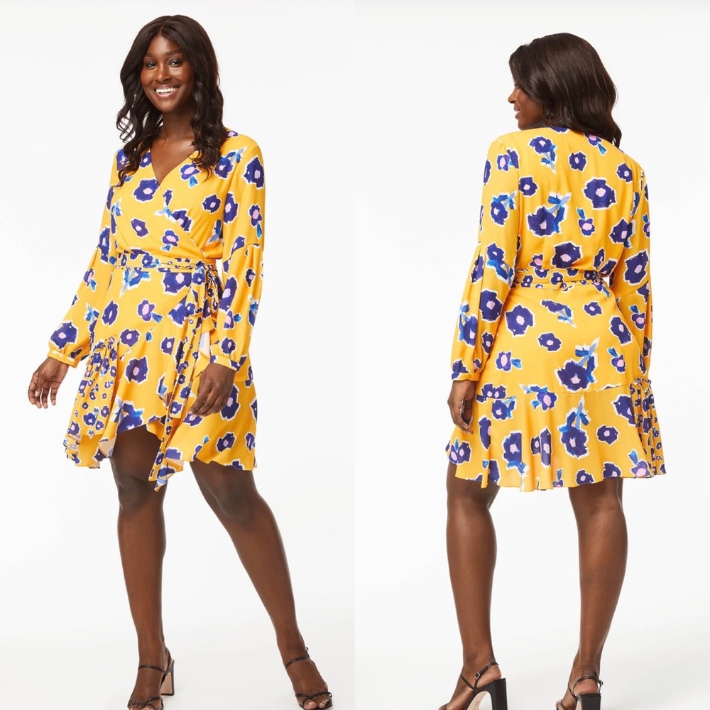 The Megan Dress - Black and Yellow | Floral Wrap Dress - Alivia Size Medium